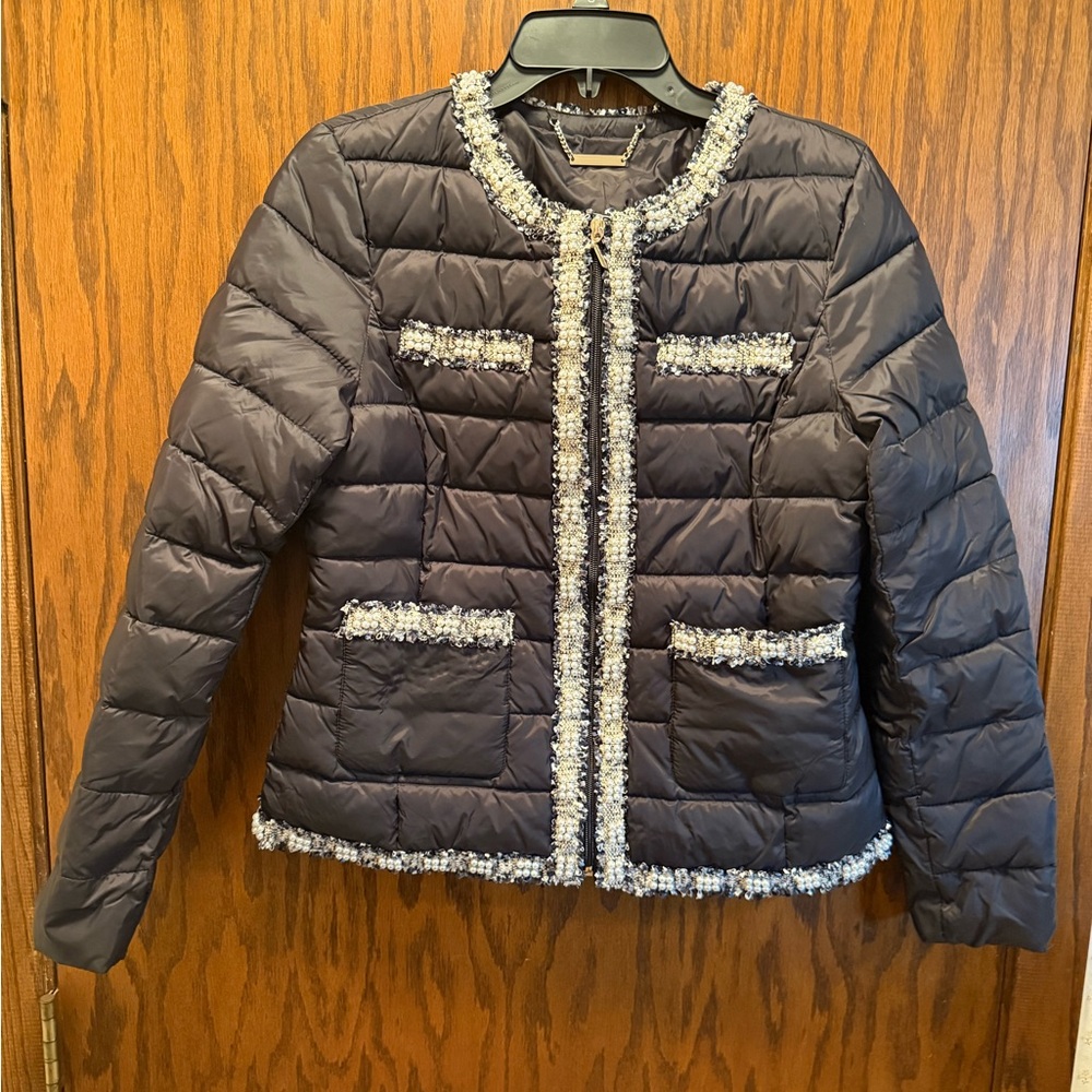 Women's Black Quilted Jacket with Tweed Trim-New